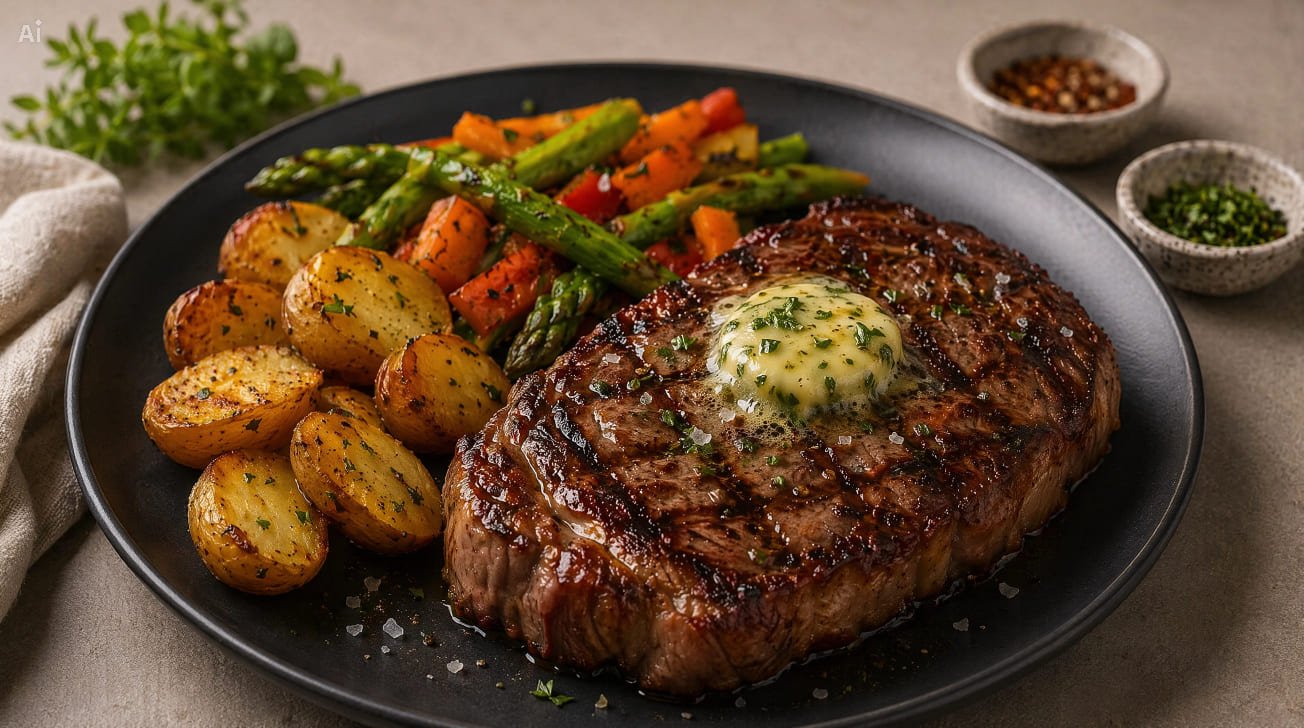 Grilled Entrecot Steak con guarnición de la casa y mantequilla de hierbas, TIFFIN Benidorm