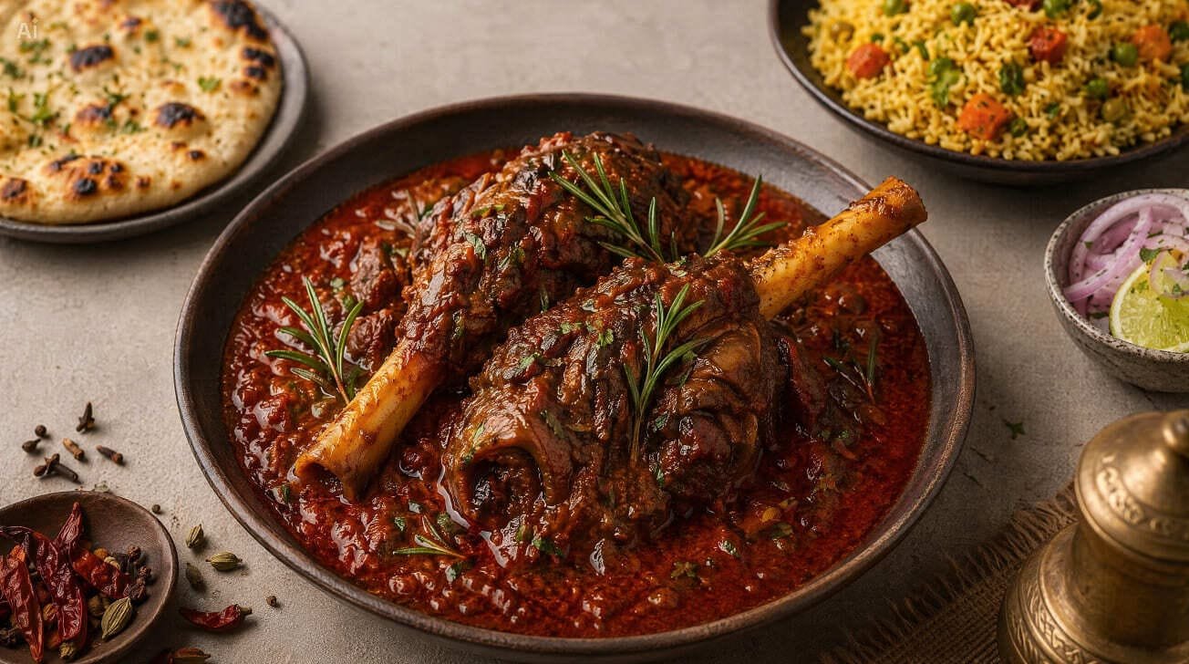 Lamb Shank Rogan Josh, cordero cocido a fuego lento con especias Kashmiri, TIFFIN Benidorm