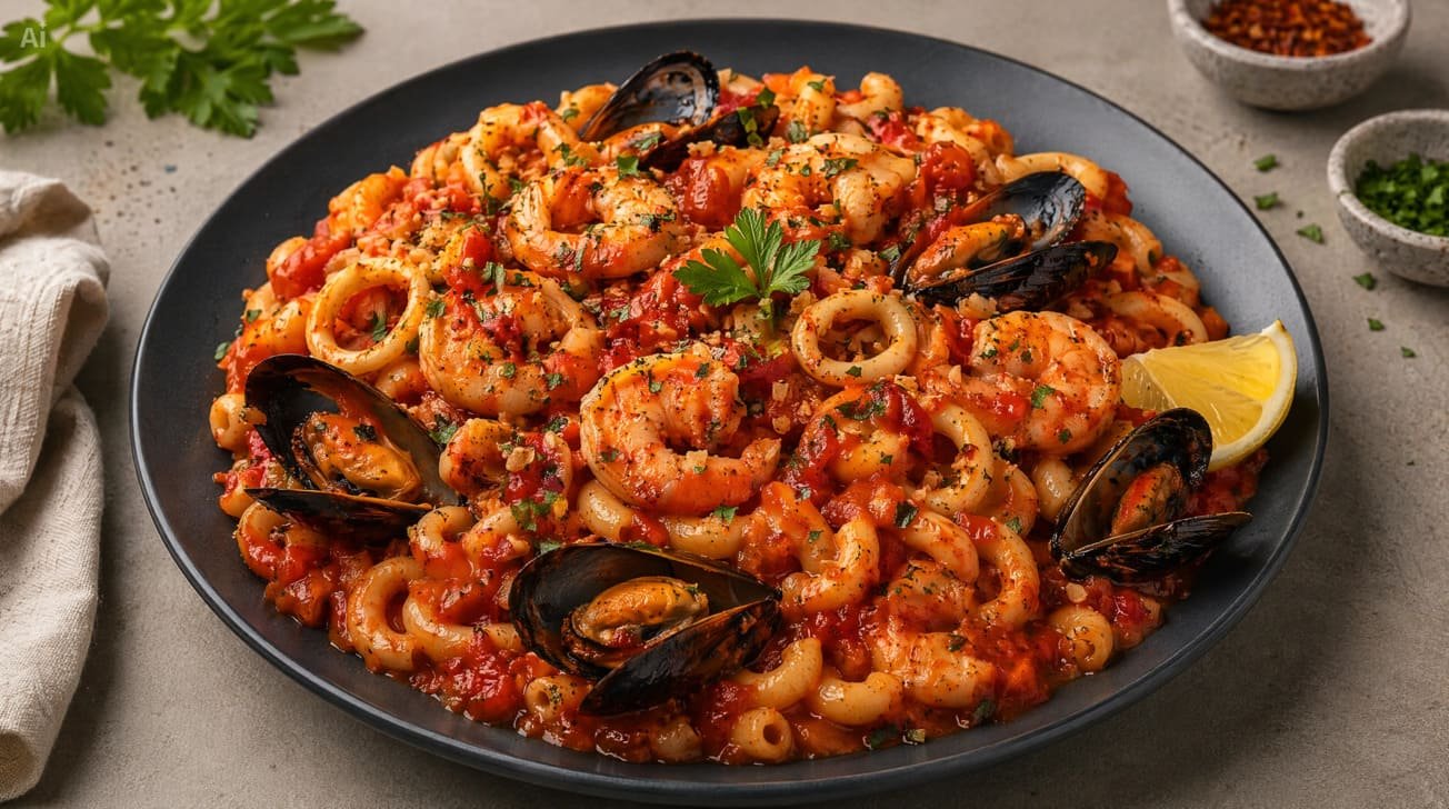 Macaroni al Marisco con gambas, mejillones y calamar en salsa de tomate, TIFFIN Benidorm