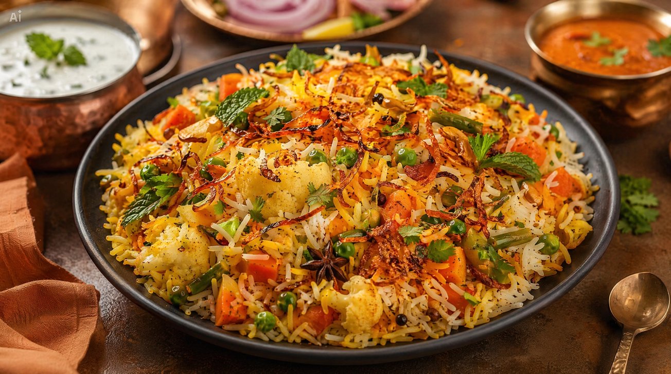 Vegetable Biryani con arroz basmati, verduras de temporada y cebolla crujiente, TIFFIN Benidorm